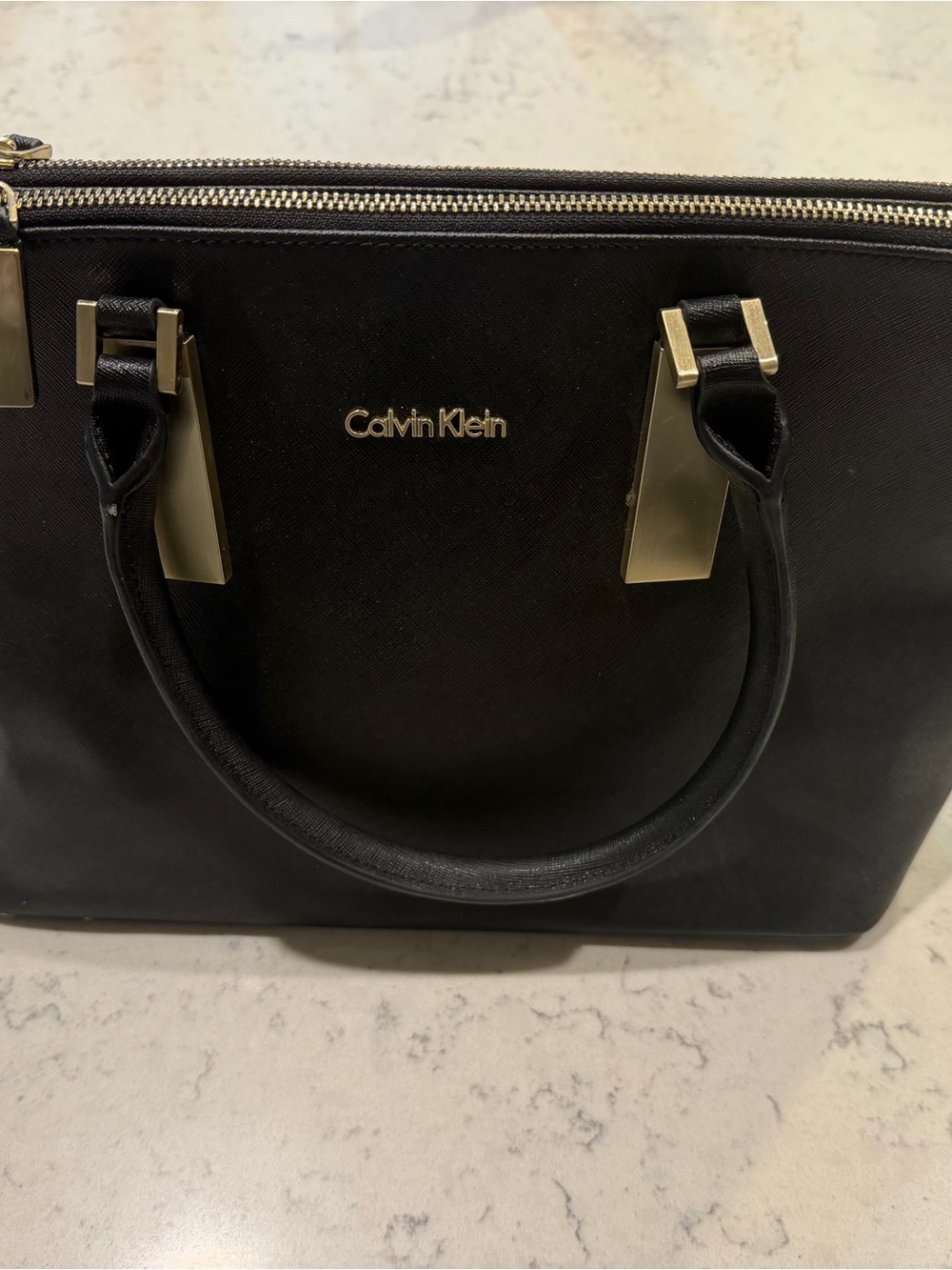 Calvin Klein Black Leather Satchel with Gold Accents